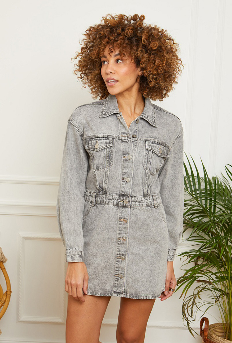 Light Grey Vintage Acid-Wash Denim Shirt Dress – Elevate Your Collection - Image 3