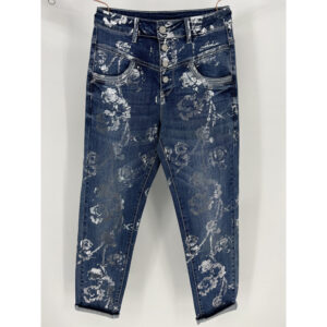 floral print denim jeans, high waist jeans, button fly denim, stretch denim pants, printed jeans, women's fashion jeans, trendy denim, metallic floral jeans, tapered leg jeans, customizable denim
