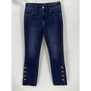 dark wash denim jeans, side button jeans, straight leg denim, mid-rise jeans, casual women's jeans, fashion denim pants, adjustable button jeans, custom logo jeans, stretchy denim, versatile jeans