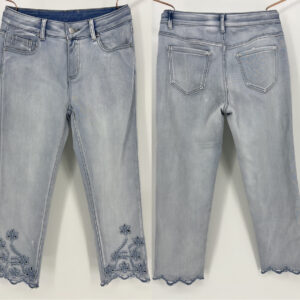 light wash embroidered jeans, floral embroidered denim pants, women's slim fit denim jeans, scalloped hem jeans, custom denim manufacturer, premium quality embroidered jeans, fashion denim apparel supplier, OEM denim jeans factory