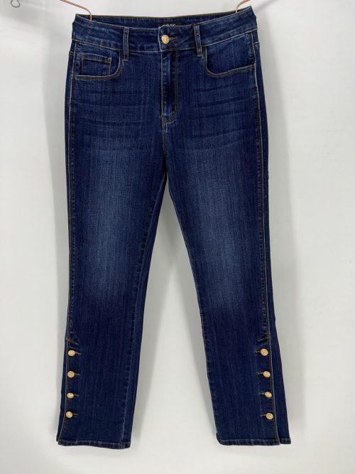 dark wash denim jeans, side button jeans, straight leg denim, mid-rise jeans, casual women's jeans, fashion denim pants, adjustable button jeans, custom logo jeans, stretchy denim, versatile jeans
