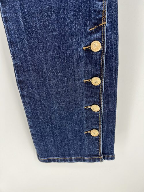 dark wash denim jeans, side button jeans, straight leg denim, mid-rise jeans, casual women's jeans, fashion denim pants, adjustable button jeans, custom logo jeans, stretchy denim, versatile jeans